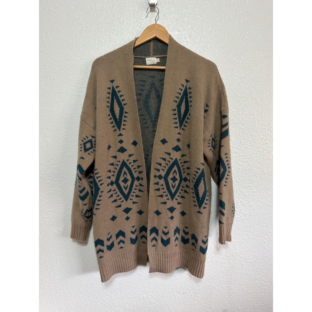 Dreamers by Debut Womens Aztec Geometric Open Front Cardigan Tan Blue M/L